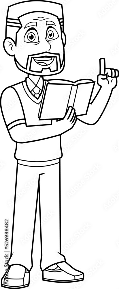 Outlined Male Teacher Cartoon Character Read From A Textbook And ...