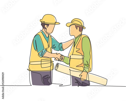 One line drawing of young architect holding on a roll paper and builder foreman wearing construction vest and helmet handshake to deal a project. Great teamwork concept. Continuous line drawing