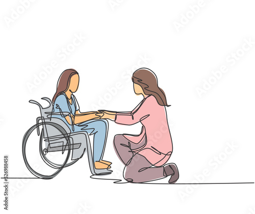 One line drawing of young doctor visiting and handshaking the old patient with wheelchair in hospital. Health care service concept. continuous line drawing vector illustration
