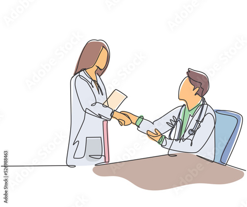 Fototapeta Naklejka Na Ścianę i Meble -  Continuous line drawing of young female doctor handshake with male doctor at hospital. Great healthcare teamwork concept. One line drawing vector illustration