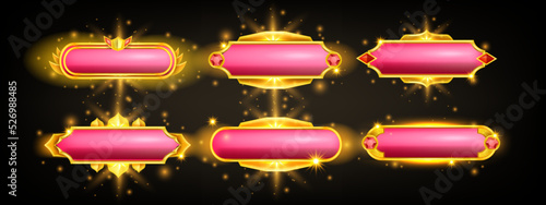 Game button set, fantasy royal RPG interface border, avatar text frame kit, UI golden pink badge. Winner metal cartoon title label, decoration shiny medieval collection. Jewellery game button assets