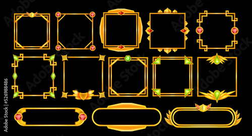 Game frame vector set, avatar UI fantasy RPG gold border, medieval ancient facecam menu, red green gem. Vintage metal screen asset kit shiny square interface design element. Game frame ranking clipart