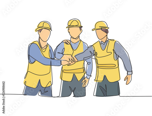 One line drawing of young builder and architect wearing construction vest and helmet handshake joining their hands together. Great teamwork concept. Continuous line drawing vector graphic illustration