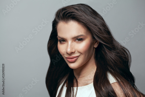 Perfect brunette woman smiling, female face closeup