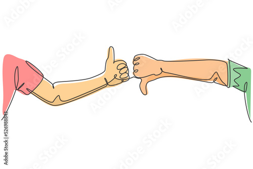 One line drawing of young male arm hands with thumbs up and thumbs down sign gesture. Good and bad symbol concept. Continuous line draw graphic design vector illustration