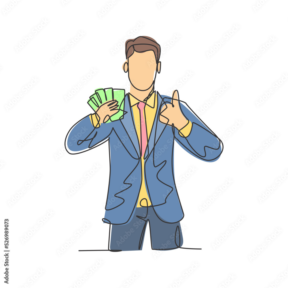 One line drawing of young happy successful businessman show money paper stack and gives thumbs up gesture. Business success concept. Continuous line draw design vector illustration