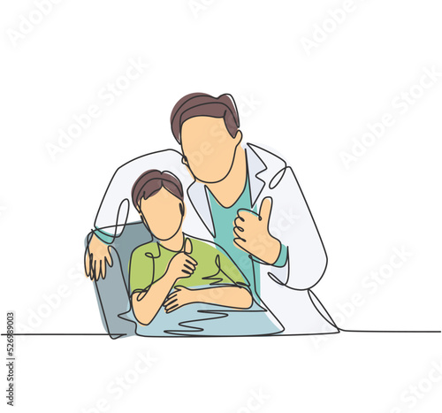 One line drawing of young dentist man calming down his little boy patient and giving thumbs up gesture. Teeth health care concept. Continuous line draw design vector graphic illustration
