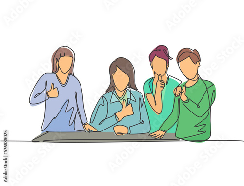One line drawing of young happy female elementary school teacher surrounded by her boys and girls students at class. Study education concept. Continuous line draw graphic design vector illustration