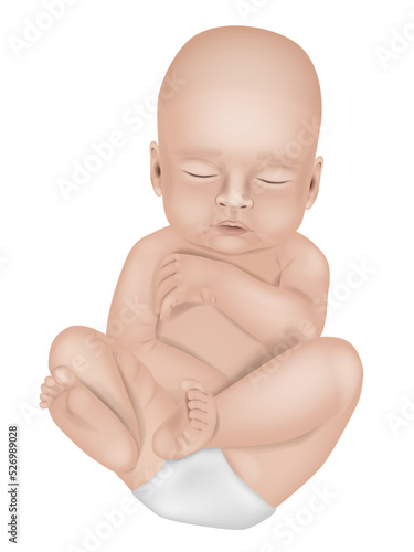 Realistic vector illustration of a newborn baby in a diaper. Sleeping baby