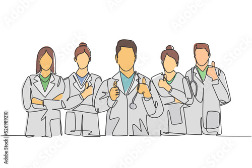 One line drawing of groups of young happy male and female doctors giving thumbs up gesture as service excellence symbol. Medical team work concept. Continuous line draw design vector illustration