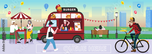 illustration vector of food truck crowd event at night market summer festival. Park landscapes with relaxation people with burger food truck restaurant on street at park of city