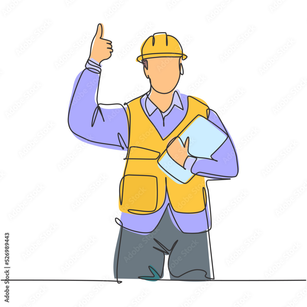 Single line drawing of young construction worker foreman carrying clipboard and giving thumbs up gesture. Building constructor concept. Continuous line draw design vector illustration Single line drawing of young construction worker foreman carrying clipboard and giving thumbs up gesture. Building constructor concept. Continuous line draw design vector illustration