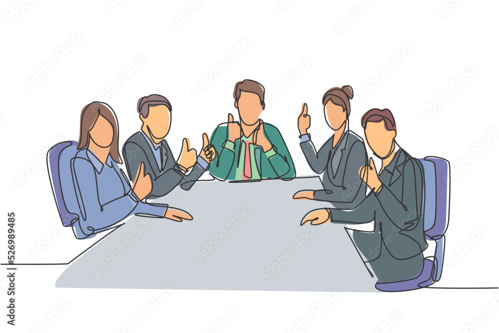 Single line drawing group of young happy businessmen and businesswomen siting on same desk together giving thumbs up gesture. Business meeting concept. Continuous line draw design vector illustration Single line drawing group of young happy businessmen and businesswomen siting on same desk together giving thumbs up gesture. Business meeting concept. Continuous line draw design vector illustration