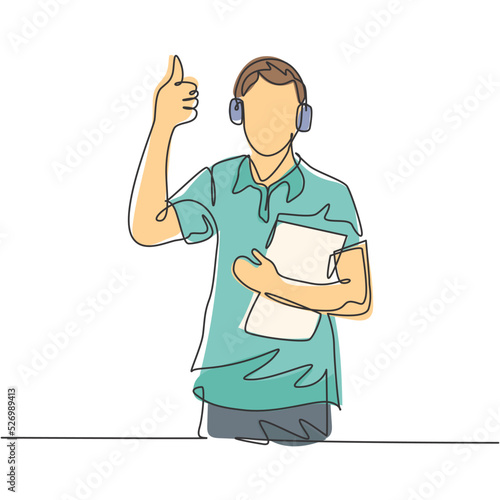 Single line drawing of young happy field project manager wearing headset and carrying clipboard while working. Field manager work life concept. Continuous line draw design vector illustration