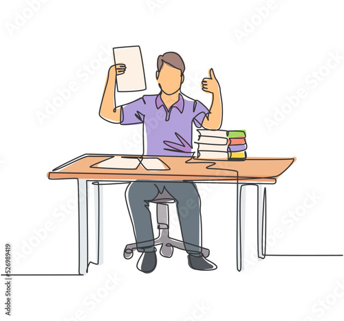 Single line drawing of young happy businessman shows a clipboard containing business contract and giving thumbs up gesture. Business deal concept. Continuous line draw design vector illustration