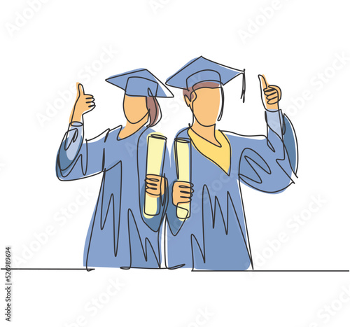 One line drawing of young happy couple male and female student wearing graduation uniform and holding the diploma certificate paper. Education concept continuous line draw design vector illustration
