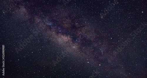 Milky Way galaxy exploration through outer space towards glowing milky way galaxy. 4K looping animation of flying through glowing nebulae, clouds and stars field. Animation video