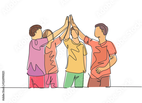 One line drawing group of man and woman celebrating their successive goal with high five gesture together. Business meeting deal concept continuous line draw design vector illustration