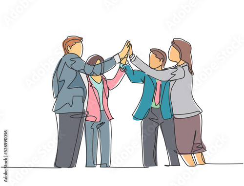 One line drawing of young businessmen and businesswomen celebrating their successive goal at the business meeting with high five gesture. Business deal concept continuous line draw design illustration