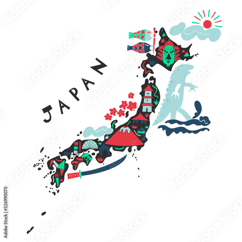 Vector hand drawn stylized map of Japan landmarks. East map element. Japanese  Travel illustration. Asia continent atlas