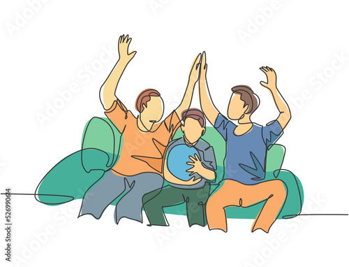 One line drawing of fans siting on sofa and watching their favorite club playing the match on television and giving high five gesture. Fans club concept continuous line draw design vector illustration