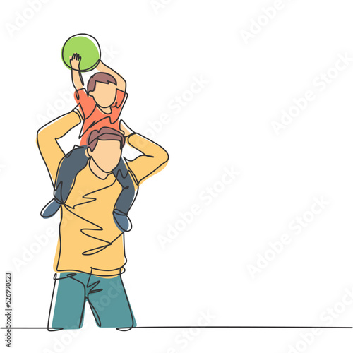 One line drawing of young happy father lift up his son on the shoulder and playing ball together at outdoor park. Parenting family concept. Continuous line graphic draw design vector illustration