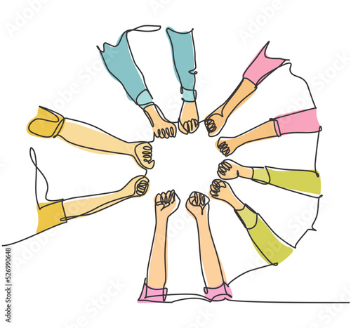 One line drawing of young happy people fist and join their hands together and create circle shape. Business team building concept continuous line draw design vector graphic illustration