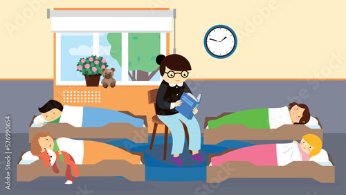 teacher reads a book to children in the garden at a quiet hour