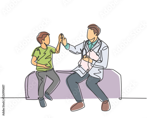 Single line drawing of young happy male doctor checking up sick patient boy and give high five gesture. Medical healthcare service treatment concept. Continuous line draw design vector illustration