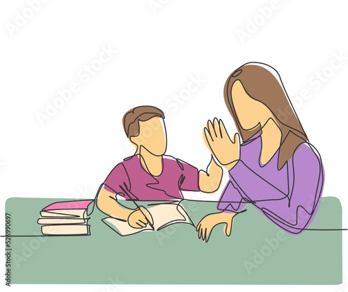 One single line drawing of young happy mother accompany her kid studying and reading a book while give high five gesture. Parenting family care concept. Continuous line draw design vector illustration