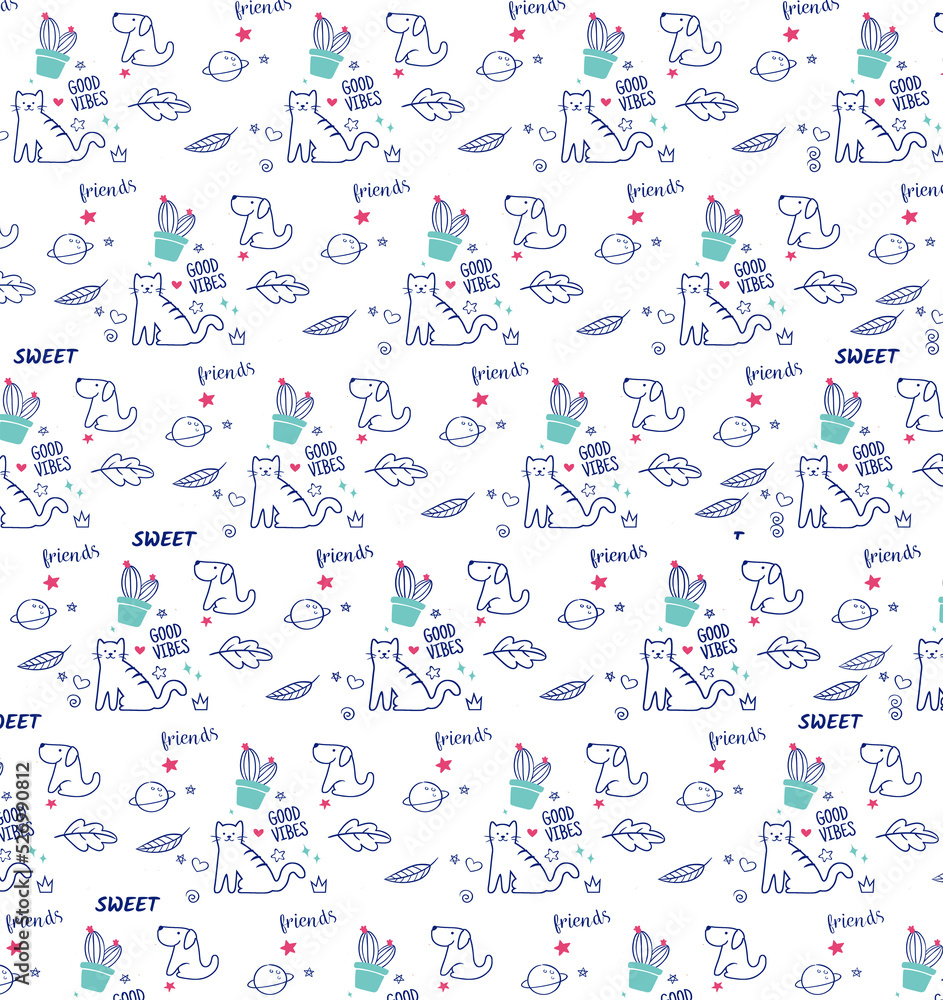 Cat and dog playing pattern white Cat and dog playing pattern white
