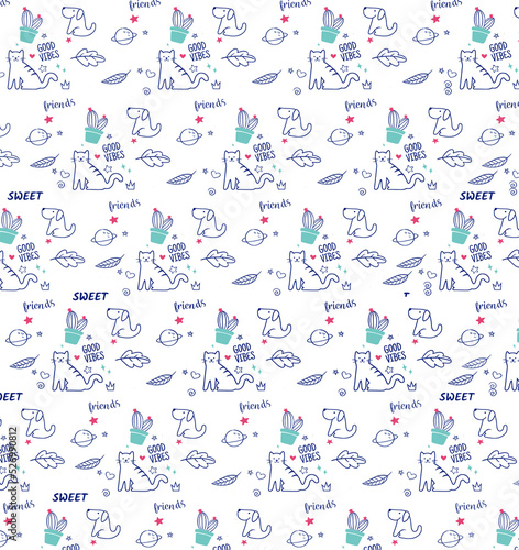 Cat and dog playing pattern white