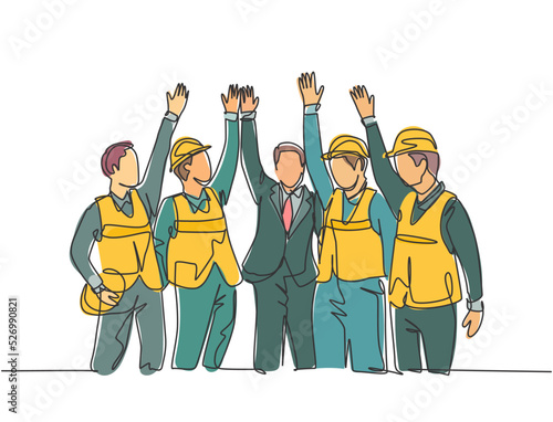 Single line drawing of construction workers and foreman with vest and helmet celebrate their successive build. Building construction concept. Continuous line draw graphic design vector illustration