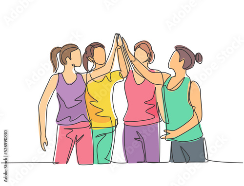One line drawing of group of young happy women giving high five gestures after doing some aerobics exercise at gymnasium together. Fitness concept continuous line draw design vector illustration