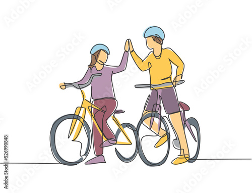 One line drawing of young happy couple male and female take a walk with bicycle together and giving high five gesture. Romantic relationship concept. Continuous line draw design vector illustration