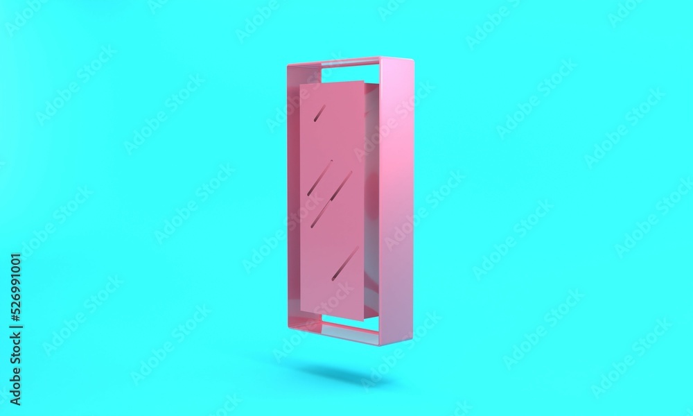 Pink Big full length mirror for bedroom, shops, backstage icon isolated on turquoise blue background. Minimalism concept. 3D render illustration Pink Big full length mirror for bedroom, shops, backstage icon isolated on turquoise blue background. Minimalism concept. 3D render illustration