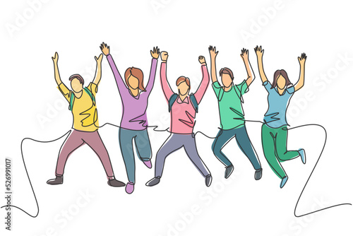 One line drawing group of young happy male and female college student jumping to celebrate their final exam result. Education celebration concept. Continuous line draw design vector illustration