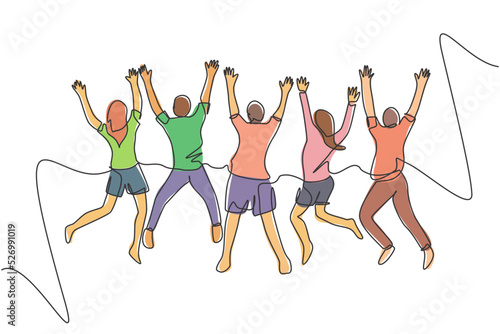 One line drawing of back view group of young happy male and female jumping together to celebrate their vacation. Traveling journey concept. Continuous line draw design graphic vector illustration