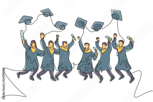 One line drawing group of young happy graduate male and female college student jumping wear gown and giving thumbs up gesture. Education concept continuous line draw graphic design vector illustration