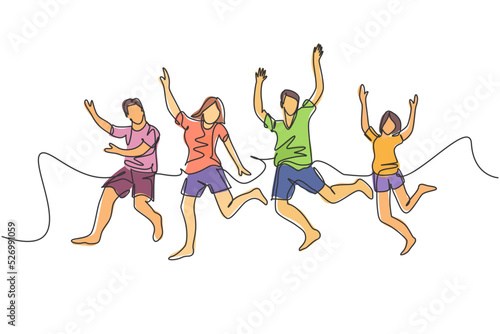 One line drawing of group of young happy male and female jumping together to celebrate their vacation. Traveling holiday concept. Continuous line draw vector illustration