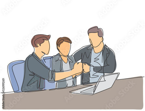 One continuous line drawing of multi level marketing or MLM upliner doing presentation with laptop to prospect downliner candidate. MLM business concept single line draw design vector illustration