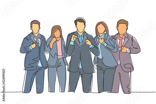 One single line drawing of group of business man and business woman line up to celebrate their success achieve the business target. Team work goal concept continuous line draw design illustration