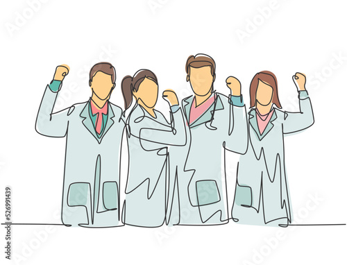 Single continuous line drawing of group of male doctor and female doctor celebrate their success cure patient at hospital. Medical healthcare service concept one line draw design vector illustration
