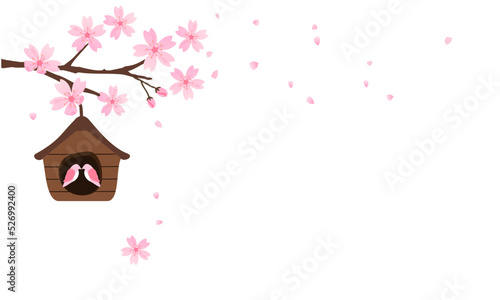 Cherry blossom Sakura branch with bird house isolated on white background vector illustration.