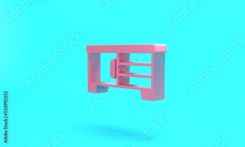 Pink TV table stand icon isolated on turquoise blue background. Minimalism concept. 3D render illustration