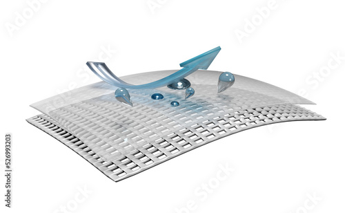 3d layered sheet waterproof with materials, fabric, rubber, film transparent with arrow, water droplets, minimal abstract, 3d render illustration, isolated