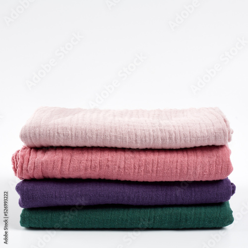 Lots of colorful fabrics. Palettes. Needlework. Atelier and sewing. cotton textile - close up of fabric texture. Cotton Fabric Texture.