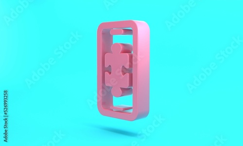 Pink Smartphone and playing in game icon isolated on turquoise blue background. Mobile gaming concept. Minimalism concept. 3D render illustration