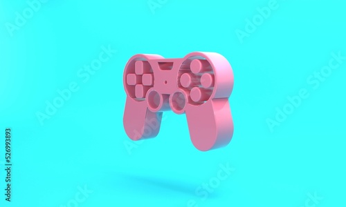 Pink Game controller or joystick for game console icon isolated on turquoise blue background. Minimalism concept. 3D render illustration