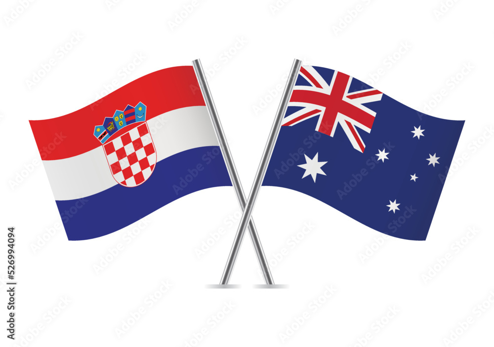 Croatia and Australia crossed flags. Croatian and Australian flags on white background. Vector icon set. Vector illustration. Croatia and Australia crossed flags. Croatian and Australian flags on white background. Vector icon set. Vector illustration.